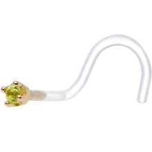 Load image into Gallery viewer, 18G 1/4 Yellow Gold 1.5mm Genuine Peridot Bioplast Nose Ring