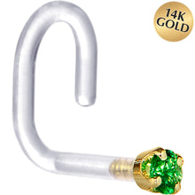 Load image into Gallery viewer, 18G 1/4 Yellow Gold 1.5mm Green Cubic Zirconia Bioplast Nose Ring