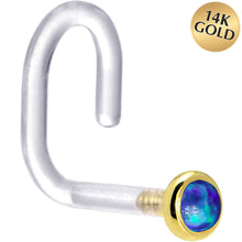 Load image into Gallery viewer, 18G 1/4 Yellow Gold 2mm Dark Blue Synthetic Opal Bioplast Nose Ring