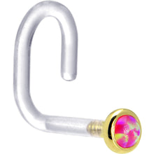 Load image into Gallery viewer, 18G 1/4 Yellow Gold 2mm Brilliant Pink Synthetic Opal Bioplast Nose Ring