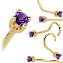 Load image into Gallery viewer, Solid 14K Yellow Gold 2mm Amethyst Cubic Zirconia Nose Ring