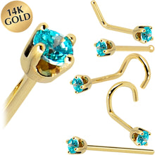Load image into Gallery viewer, Solid 14K Yellow Gold 2mm Mint Green Cubic Zirconia Nose Ring