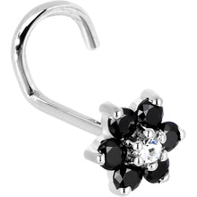 Load image into Gallery viewer, Solid 14K White Gold Black and Clear Cubic Zirconia Flower Nose Ring