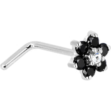 Load image into Gallery viewer, Solid 14K White Gold Black and Clear Cubic Zirconia Flower Nose Ring