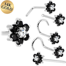 Load image into Gallery viewer, Solid 14K White Gold Black and Clear Cubic Zirconia Flower Nose Ring