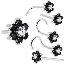 Load image into Gallery viewer, Solid 14K White Gold Black and Clear Cubic Zirconia Flower Nose Ring