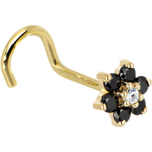 Load image into Gallery viewer, Solid 14K Yellow Gold Black and Clear Cubic Zirconia Flower Nose Ring