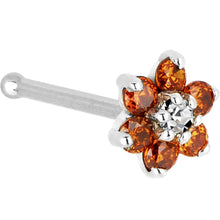 Load image into Gallery viewer, Solid 14K White Gold Orange and Clear Cubic Zirconia Flower Nose Ring