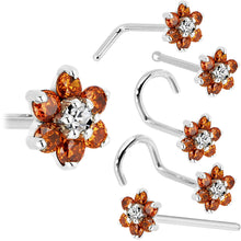 Load image into Gallery viewer, Solid 14K White Gold Orange and Clear Cubic Zirconia Flower Nose Ring