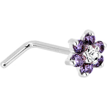 Load image into Gallery viewer, Solid 14K White Gold Amethyst and Clear Cubic Zirconia Flower Nose Ring