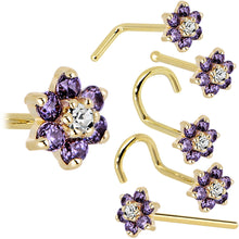 Load image into Gallery viewer, Solid 14K Yellow Gold Amethyst and Clear Cubic Zirconia Flower Nose Ring