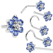 Load image into Gallery viewer, Solid 14K White Gold Arctic Blue and Clear Cubic Zirconia Flower Nose Ring