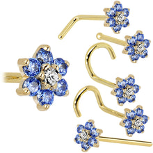 Load image into Gallery viewer, Solid 14K Yellow Gold Arctic Blue and Clear Cubic Zirconia Flower Nose Ring