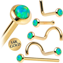 Load image into Gallery viewer, 14k Yellow Gold 2mm Lime Synthetic Opal Nose Ring