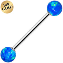 Load image into Gallery viewer, 14k White Gold 5mm Blue Synthetic Opal Barbell Tongue Ring 14G 5/8