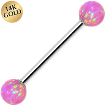 Load image into Gallery viewer, 14k White Gold 5mm Pink Synthetic Opal Barbell Tongue Ring 14G 5/8