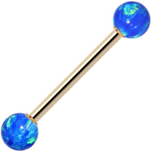 Load image into Gallery viewer, 14k Yellow Gold 5mm Blue Synthetic Opal Barbell Tongue Ring 14G 5/8