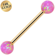 Load image into Gallery viewer, 14k Yellow Gold 5mm Pink Synthetic Opal Barbell Tongue Ring 14G 5/8