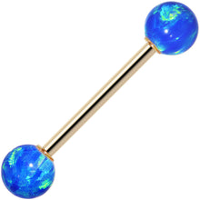 Load image into Gallery viewer, 14k Yellow Gold 6mm Blue Synthetic Opal Barbell Tongue Ring 14G 5/8