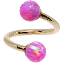 Load image into Gallery viewer, 14k Yellow Gold Fuchsia Synthetic Opal Spiral Twister 14G 7/16