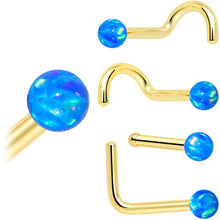 Load image into Gallery viewer, 14k Yellow Gold 2.5mm Blue Synthetic Opal Ball Nose Ring