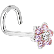 Load image into Gallery viewer, Solid 14K White Gold Pink and Clear Cubic Zirconia Flower Nose Ring