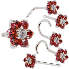 Load image into Gallery viewer, Solid 14K White Gold Red and Clear Cubic Zirconia Flower Nose Ring