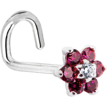 Load image into Gallery viewer, Solid 14K White Gold Red and Clear Cubic Zirconia Flower Nose Ring