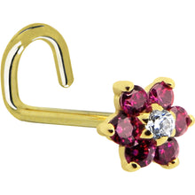 Load image into Gallery viewer, Solid 14K Yellow Gold Red and Clear Cubic Zirconia Flower Nose Ring
