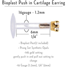 Load image into Gallery viewer, 16G 1/4 Solid 14K Yellow Gold 1.5mm CZ Bioplast Push in Cartilage Earring