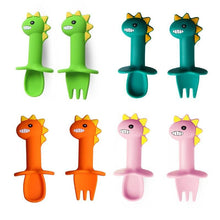 Load image into Gallery viewer, New Baby Feeding Spoon Fork Set Short Easy Cartoon Dinosaur Soft Silicone Teether Toys Non-hurt Training Tableware