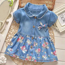 Load image into Gallery viewer, Modern Floral Print Bowknot Princess Jeans Short Sleeve Costume Kids Dresses For Girls