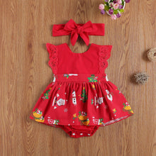 Load image into Gallery viewer, Baby Girls Bodysuits Dress Lace Ruffles Short Sleeve Cartoon Print Jumpsuits Headband