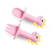 Load image into Gallery viewer, New Baby Feeding Spoon Fork Set Short Easy Cartoon Dinosaur Soft Silicone Teether Toys Non-hurt Training Tableware