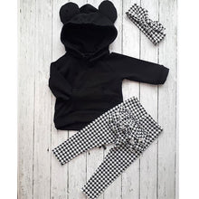 Load image into Gallery viewer, 1-6Y Winter Toddler Baby Girls Clothes Sets, Hooded Pullover Black Tops and Ruffles Plaid Pants Headband In Modern New Style