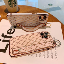Load image into Gallery viewer, Luxury Blue Pink Gold Color Plating Soft Case Cell Phone Case For iPhone 11 12 13 Pro Max XS Max XR X 8 7 Plus Luxury Wrist Strap Plating Frame Geometric Soft Covers Bumper Iphone Case