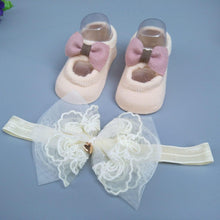 Load image into Gallery viewer, Baby Newborn Solid Color Lace Baby Bowknot Socks & Princess Cute Baby Socks Hair Band Set FOr Girls Baby In Modern Design