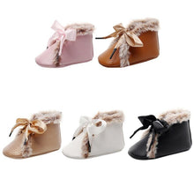 Load image into Gallery viewer, Baby PU Boots Winter Anti-slip Warm First Walkers Soft Soled Booties Toddler Bowknot Lace-up Shoes