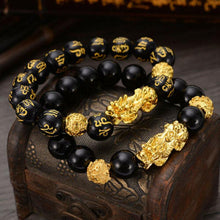 Load image into Gallery viewer, Obsidian Stone Beads Bracelet For Men and Women Unisex Wristband Gold Black Pixiu Wealth and Good Luck Bracelet Design