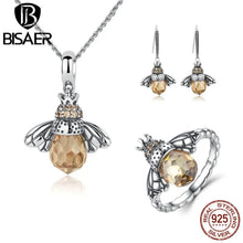 Load image into Gallery viewer, BISAER 925 Sterling Silver Cute Orange Zircon Bee Jewelry Set Pendant Necklace & Stud Earrings & Ring For Elegant Women's Party