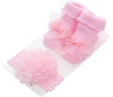 Load image into Gallery viewer, Baby Newborn Solid Color Lace Baby Bowknot Socks & Princess Cute Baby Socks Hair Band Set FOr Girls Baby In Modern Design