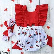 Load image into Gallery viewer, Newborn Baby Girl Clothes Ruffle Backless Cherry Romper Headband Outfit Baby Girl Summer Clothes In Modern New Style
