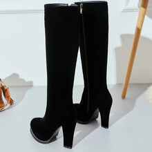 Load image into Gallery viewer, Women's Winter High Boots Fashion Flock Knee High Boots Women Knight Boots Black Thick High Heels Zipper Round Toe Ladies Shoes