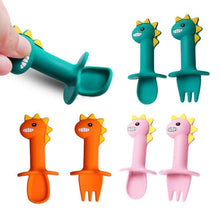 Load image into Gallery viewer, Big Modern New Set Spoon and Fork For Baby Utensils Set Auxiliary Food Silicone Gel Spoon Baby Learn To Eat Training Bendable Soft Spoon Children Tableware With Dinosaur Design