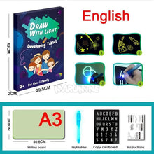 Load image into Gallery viewer, A3 A4 A5 Kids Luminous Drawing Board with Light-Fun Magic Sketchpad Draw Tablet Fluorescent Pen Russian English Light Up Toys