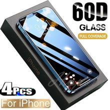 Load image into Gallery viewer, 60D 4PCS Full Cover Protective Glass on For iphone 12 X XS XR Tempered Glass Iphone 13 11 Pro Max Protection Screen Protector 3X Stronger Screen Protector for iPhone