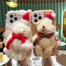 Load image into Gallery viewer, Cute Fluffy Santa 3D Teddy Bear Plush Christmas Case For Iphone 13 12 11 Pro Xs Max X Xr 7 8 Plus Se3 Shockproof Soft Cover Super Soft Winter Warm Funny Rabbit Ears Faux Fur Plush Fluffy Cover