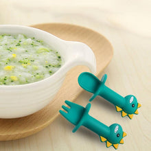 Load image into Gallery viewer, Big Modern New Set Spoon and Fork For Baby Utensils Set Auxiliary Food Silicone Gel Spoon Baby Learn To Eat Training Bendable Soft Spoon Children Tableware With Dinosaur Design