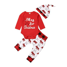 Load image into Gallery viewer, Casual New Baby Boy/Girl First Christmas printed Clothes Romper Trousers Hat Outfit Set
