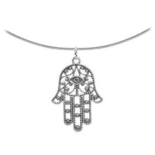 Load image into Gallery viewer, Intricate Silver Hamsa Hand Pendant Choker Necklace